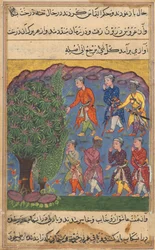Pagina uit Verhalen van een Papegaai Tuti-nama: Zesde nacht: Zeven mannen die bezit betwisten..., ca. 1560