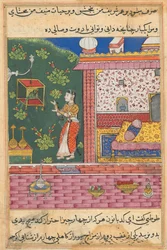 Pagina uit Verhalen van een papegaai Tuti-nama: Dertigste nacht: De papegaai spreekt Khujasta toe..., ca. 1560