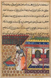 Pagina uit Verhalen van een Papegaai Tuti-nama: Achtendertigste nacht: De papegaai spreekt Khujasta toe, ca. 1560