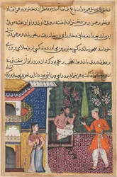 Pagina uit Verhalen van een Papegaai Tuti-nama: Vijfendertigste nacht: De Brahmaan geeft..., ca. 1560