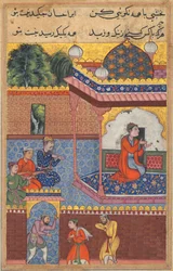 Pagina uit Verhalen van een Papegaai Tuti-nama: Tweeëndertigste nacht: Kaiwan, Latif, en Sharif