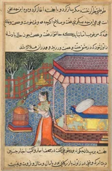 Pagina uit Verhalen van een papegaai Tuti-nama: Zesendertigste nacht: De papegaai spreekt Khujasta toe..., ca. 15