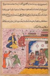Pagina uit Verhalen van een papegaai Tuti-nama: Twintigste nacht: Drie vrijers vechten..., ca. 1560