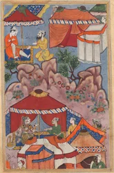 Pagina uit Verhalen van een papegaai Tuti-nama: Vierentwintigste nacht: Bashir vertrouwt zijn liefde toe, ca. 1560