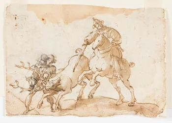 Pagina uit een tekenboek; Een ruiter die een hert doodt en Twee galeien op hoge zeeën