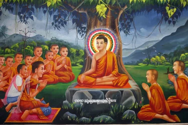 Schilderij dat Boeddha onder een boom onderwijst, met koning Bimbisara in Rajagaha, Udong, Cambodja