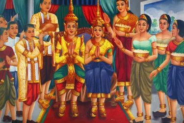 Schilderij dat de koning en koningin en dienaren uitbeeldt, Udong, Cambodja