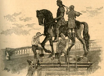 Het zwart schilderen van het standbeeld van koning Willem III, Dublin, Ierland, 1821, ca. 1890