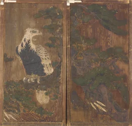 Paar deuren met adelaar op een dennenboom aan één kant..., Momoyama-periode, 17e eeuw