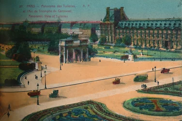 Panoramisch uitzicht op de Tuilerieën en de Arc de Triomphe du Carrousel, Parijs, ca. 1920