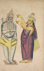 Parvati plaatst een trouwkrans op Shiva, 1800s