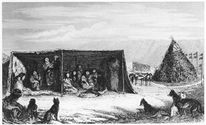 Patagoniërs in een toldo of huidtent, 1830-1839