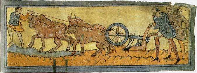 Boeren ploegen Miniatuur uit het Cotton MS Tiberius, 11e eeuw