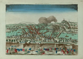 Perspectiefweergave van het beleg en bombardement van de stad Lyon in oktober 1793