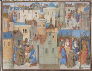 Peter de Kluizenaar hoort Paus Urbanus II op het Concilie van Clermont. Miniatuur uit de Historia van Willem van Tyrus, 1460s