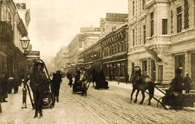 Petrovka-straat in de winter, Moskou, Rusland, 1912