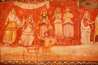 Farao en de kindertijd van Mozes, fresco afkomstig uit de Synagoge van Doura (Dura) Europos, 244-245, en bewaard in het Nationaal Museum van Damascus. Foto genomen in het Joods Museum van New York tijdens een tentoonstelling.