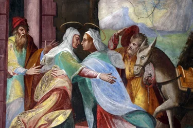 Bedevaartskerk Madonna del Sasso. Het bezoek van Maria aan Elizabeth zoals opgetekend in het Evangelie van Lucas, 20160508, Orselina, Zwitserland