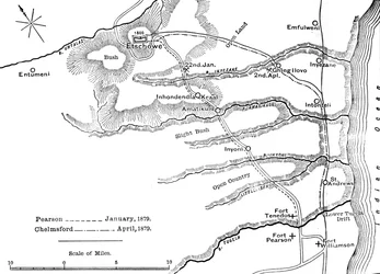 Plan van de marsen van Pearson jan., 1879 en van Chelmsford april, 1879 naar Etschowe, c1880