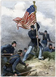 Het planten van de Union vlag op een bastion, Beleg van Vicksburg, 1863