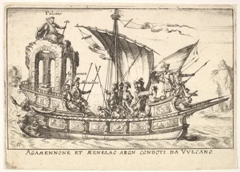 Plaat 10: Agamemnon en Menelaus zittend in een boot vergezeld door andere figuren waaronder V...