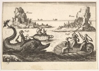 Plaat 15: Rivieren en godinnen, met drijvende eilanden geleid door dragers van staken, vrouwelijke figuren..., 1664.