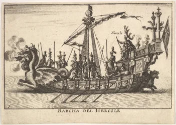 Blad 1: Schip van Hercules, met drakenkop boeg en Hercules aan boord, 1664