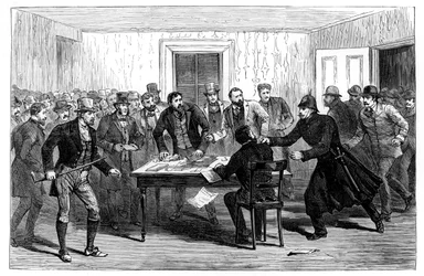 Politie-inval in de kantoren van de National Rent in Loughrea, Ierland, 1887