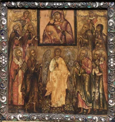 Draagbaar Drieluik Icoon: Aanbidding van het Wonderdoende Icoon van de Vladimir Moeder van God, 1600s