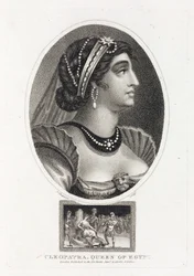 Portret van Cleopatra (Thea Philopator, 69-30 v.Chr.), met een scène die haar troonsbestijging in Egypte beschrijft, omringd door Romeinse legionairs