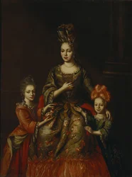 Portret van Anastasiya Yakovlevna Naryshkina met kinderen Alexandra Kirillovna en Tatyana Kirillovna, begin 18e eeuw