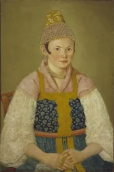 Portret van een koopvrouw in Kokoshnik Kabluchok