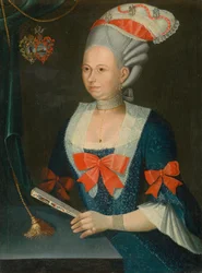 Portret van een vrouw met een pruik en een waaier
