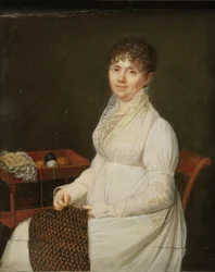 Portret van een vrouw met wandtapijtwerk