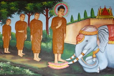 Preah Prom Rath Klooster, Leven van de Boeddha, Een wilde olifant getemd door Liefdevolle Vriendelijkheid, Siem Reap, Cambodja