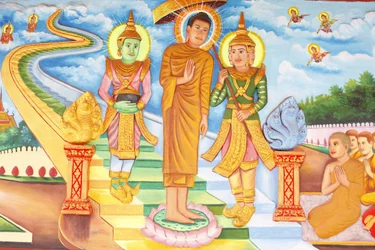 Preah Prom Rath Klooster, Leven van de Boeddha, Boeddha bezoekt de hemel en ontmoet de goden Indra en Brahma, Siem Reap, Cambodja