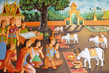 Preah Prom Rath Klooster Leven van de Boeddha De jonge Siddhartha Gautama en zijn moeder tijdens een boerenfestival, Siem Reap, Cambodja