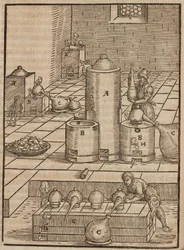 Voorbereiding van vloeistoffen gebruikt voor het extraheren van zilvererts uit gouderts - Gravure uit Beschrijving van mineralen en de belangrijkste mijnbouwmethoden, van Lazarus Ecker