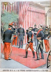 Prins Kotohito Kan in aankomst bij het Élysée-paleis, Parijs, 1900
