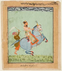 Prins Mathu Singh op een blauw paard