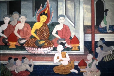 Prins Rama. Muurschildering detail op de binnenmuren van de Vihara uit het tijdperk van koning Rama III die de Ramakian uitbeeldt. Wat Pho - Wat Phra Chettuphon. 1788, Bangkok, Thailand
