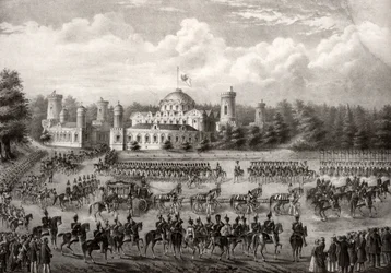 Processie van tsaar Nicolaas I van het Petrovski-paleis naar de Maria-Ontslapingskathedraal tijdens zijn kroning in 1825, 1826