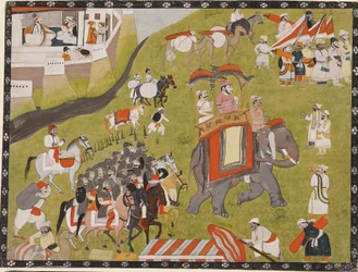 Processie van een Raja op een olifant met gewapende escorte en bedienden, late 19e eeuw