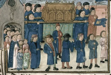 Processie van de relieken van Sint Nicolaas. Uit Livre de la confrérie Saint-Nicolas de..., Late 15