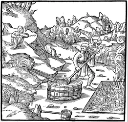Zout produceren door natuurlijke pekel te verdampen door het in een kuil met brandende houtskool te gieten, 1556