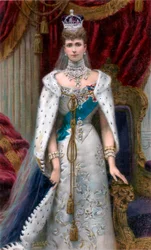 Koningin Alexandra in volledig kroningsgewaad, 1902