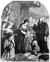 Koningin Anne 1665-1714 die de jonge Samuel Johnson aanraakt voor het kwade