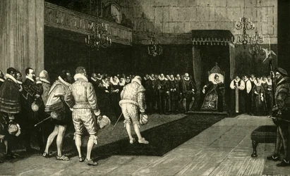 Koningin Elizabeth ontvangt de Franse ambassadeurs na het bloedbad van St. Bartholomeus, 1890