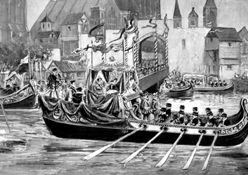 Kroningsprocessie van koningin Elizabeth over de rivier, Londen, 1558, circa 1905