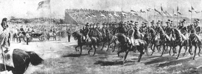 Koningin Victoria inspecteert het leger van het rijk in Aldershot